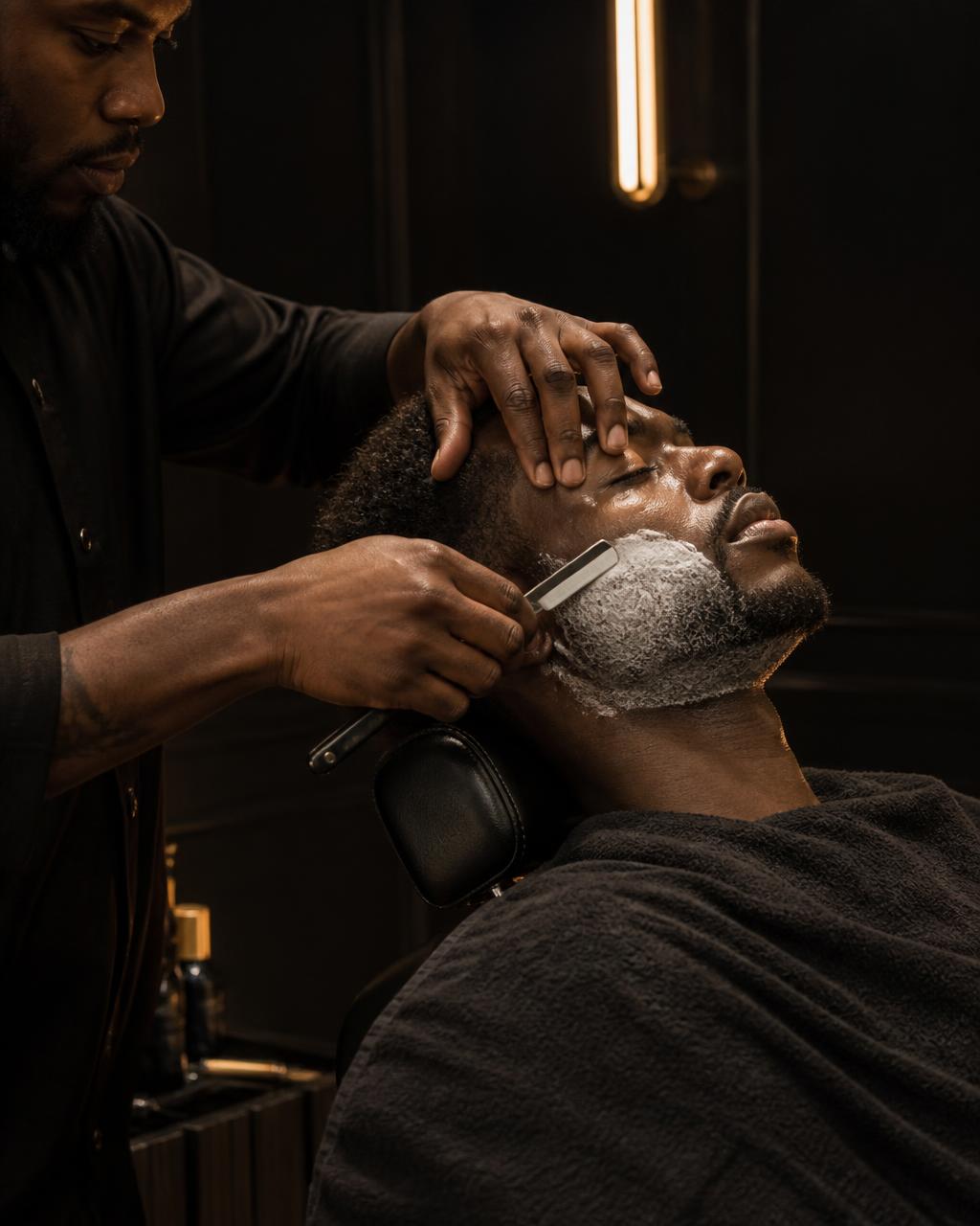 Hot towel straight razor shave in progress