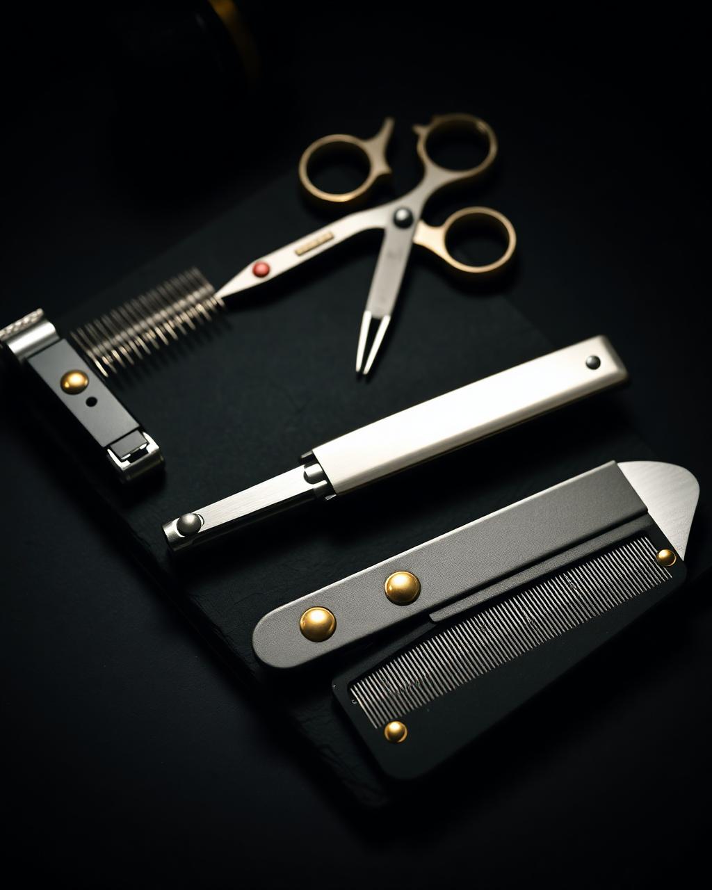Barber tools laid out on black slate
